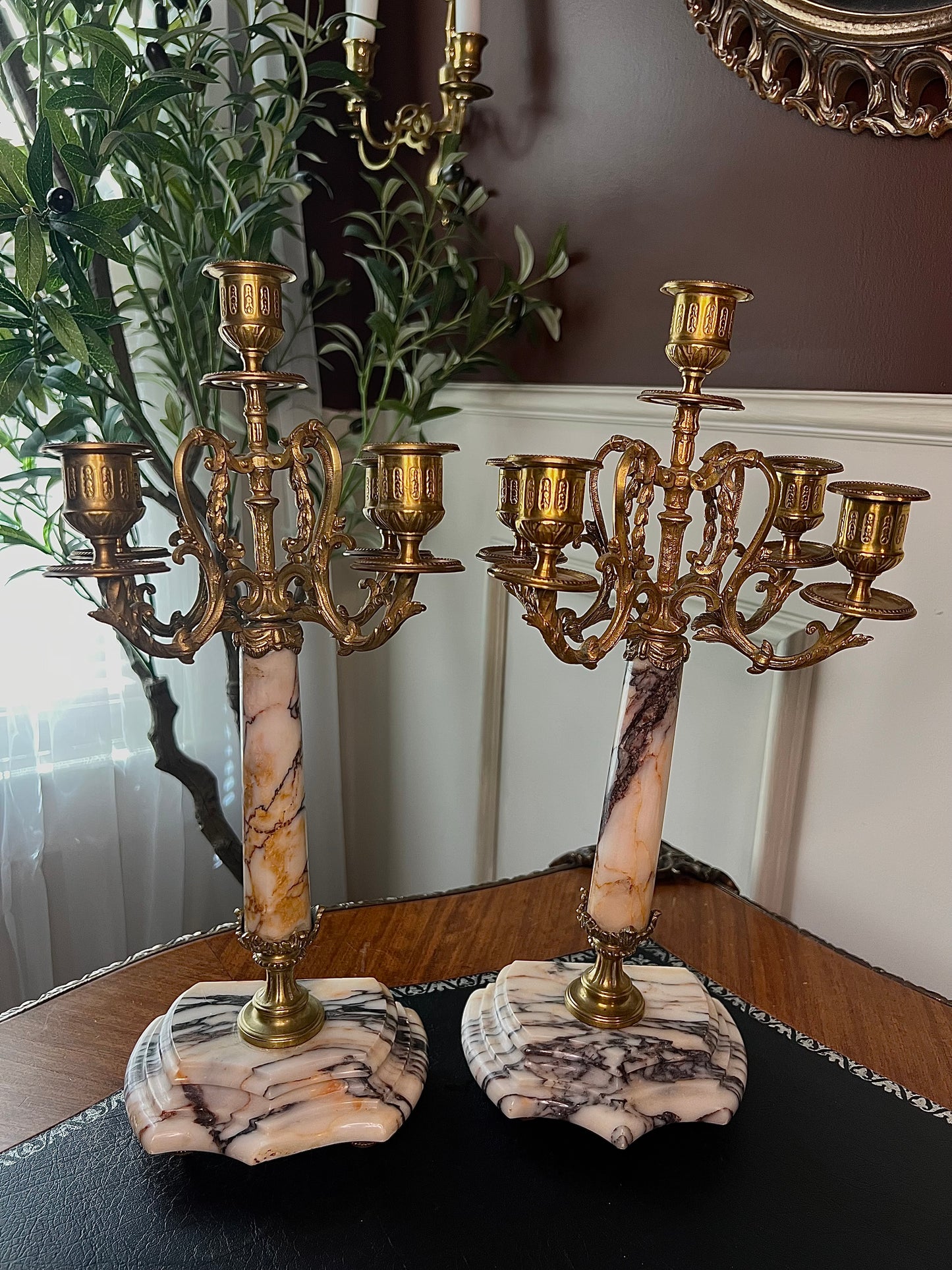 Pair of Bronze & Marble Candelabras