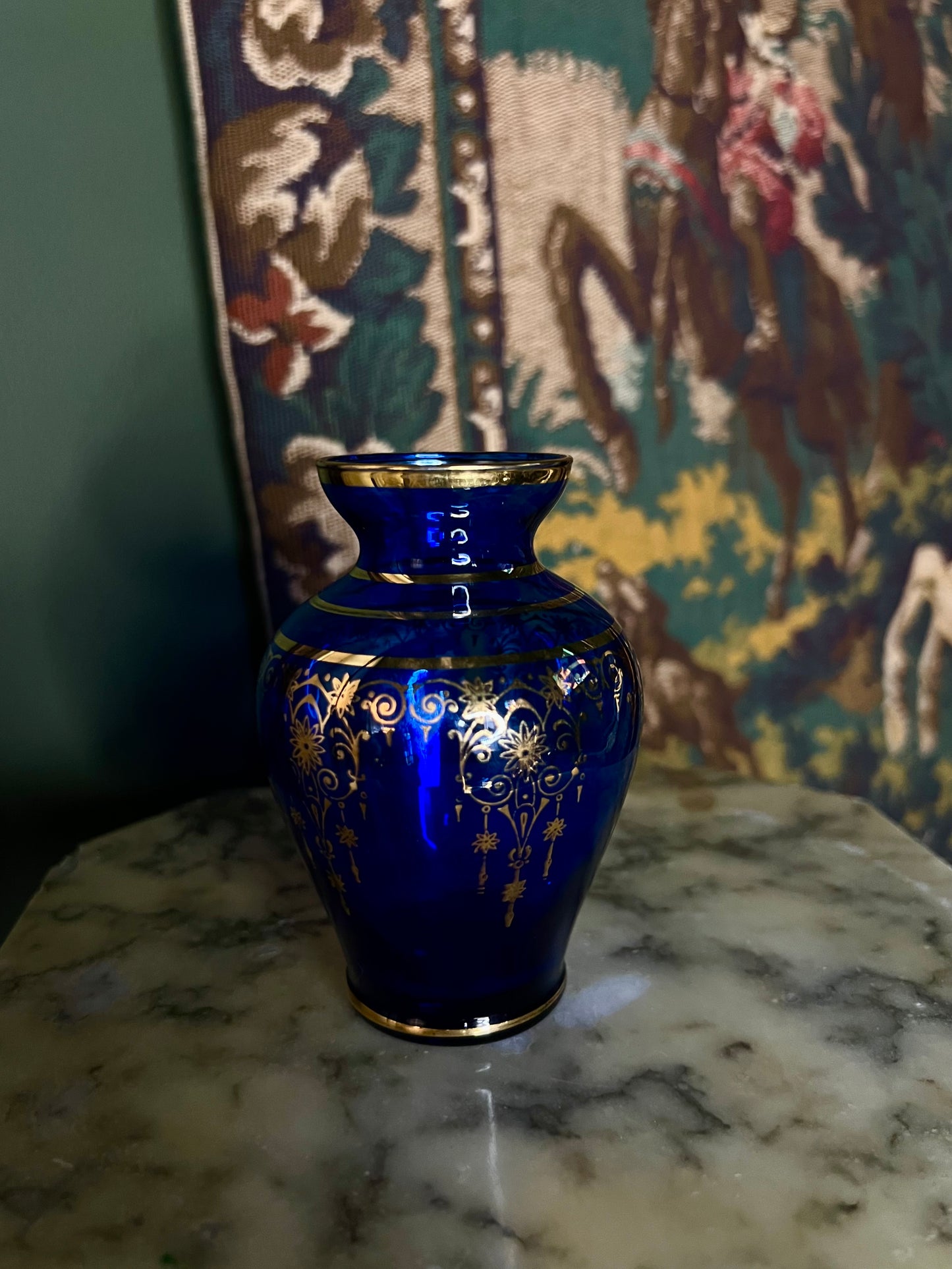 Cobalt Glass with Gold Painted Details