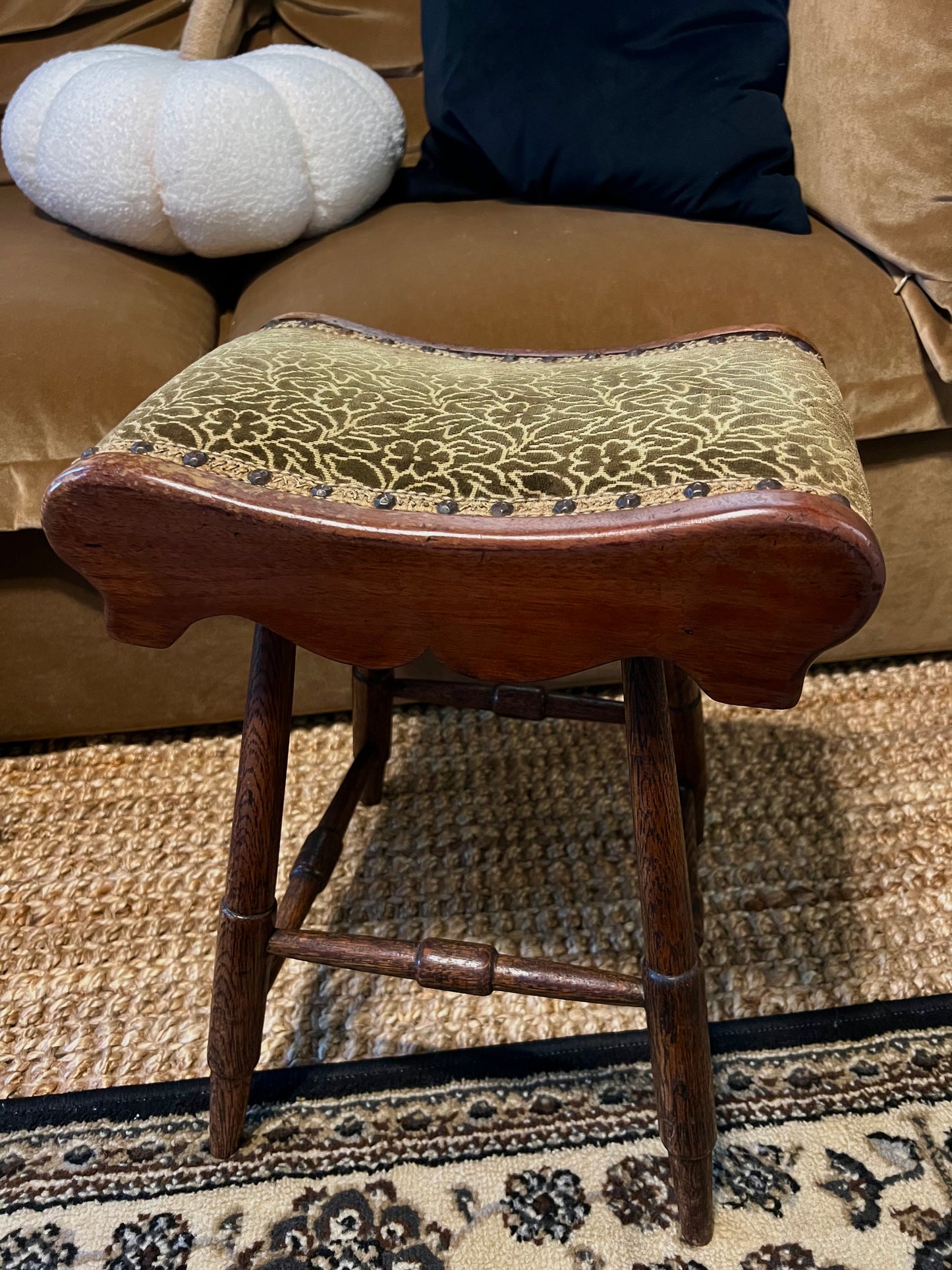 Carved Wood Saddle Seat with Velvet